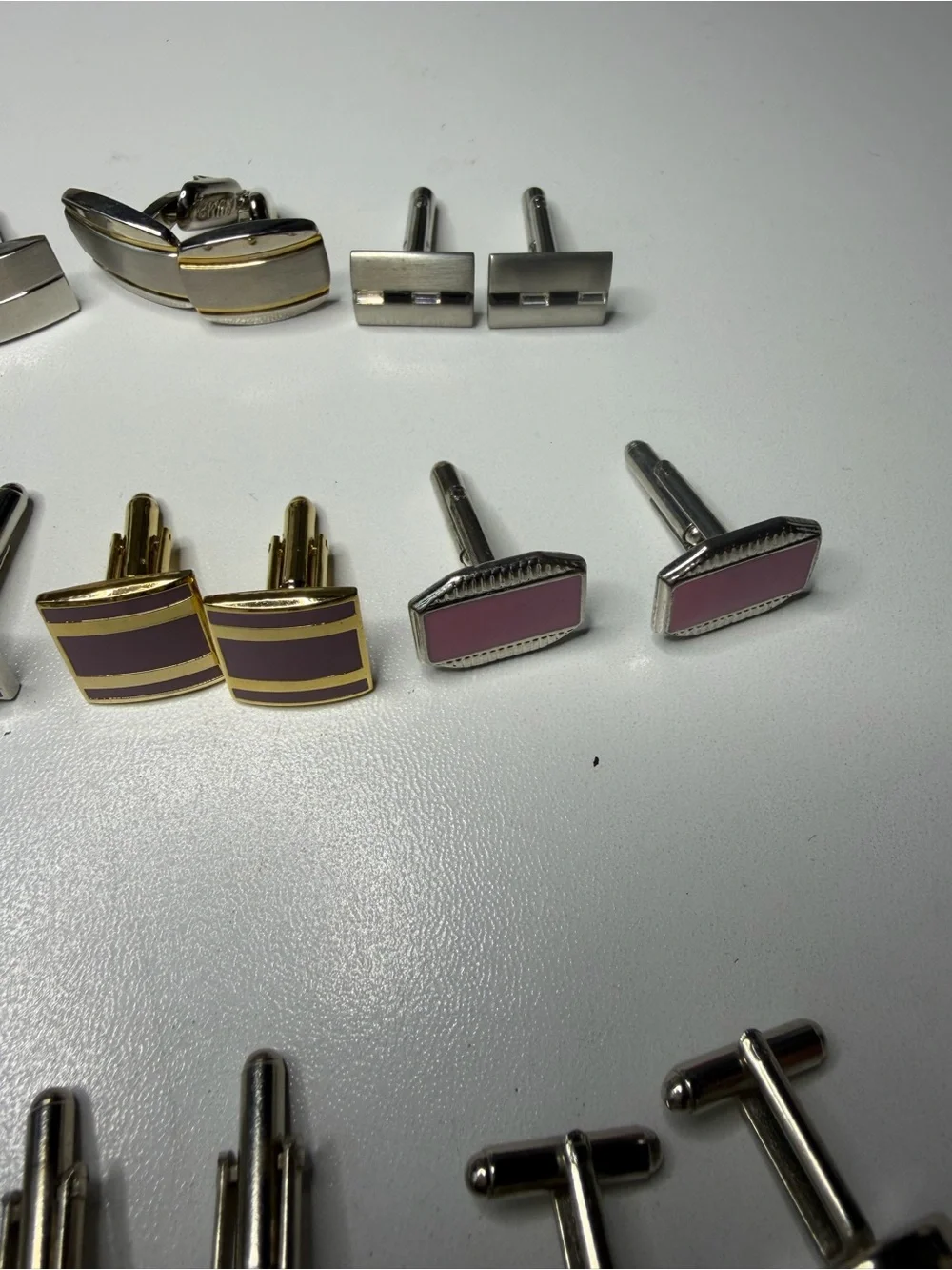 Mixed Enamel and Metal Men's Cufflink Set - Pink, Blue, Gold, Silver